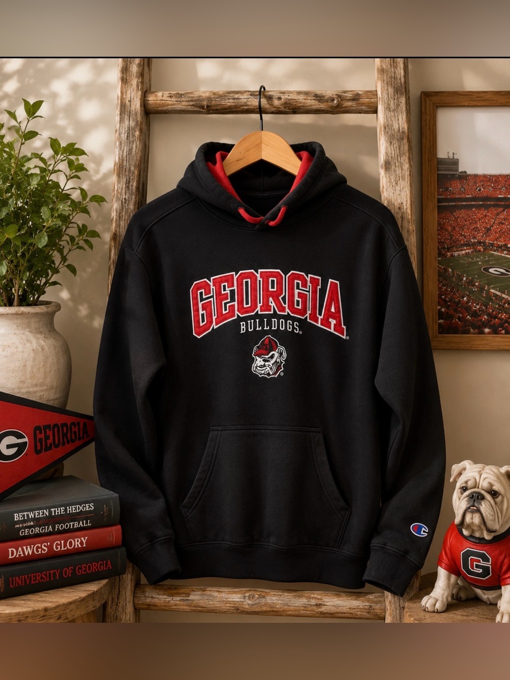 Georgia Bulldogs Black Hooded Sweatshirt with Red Trim size large